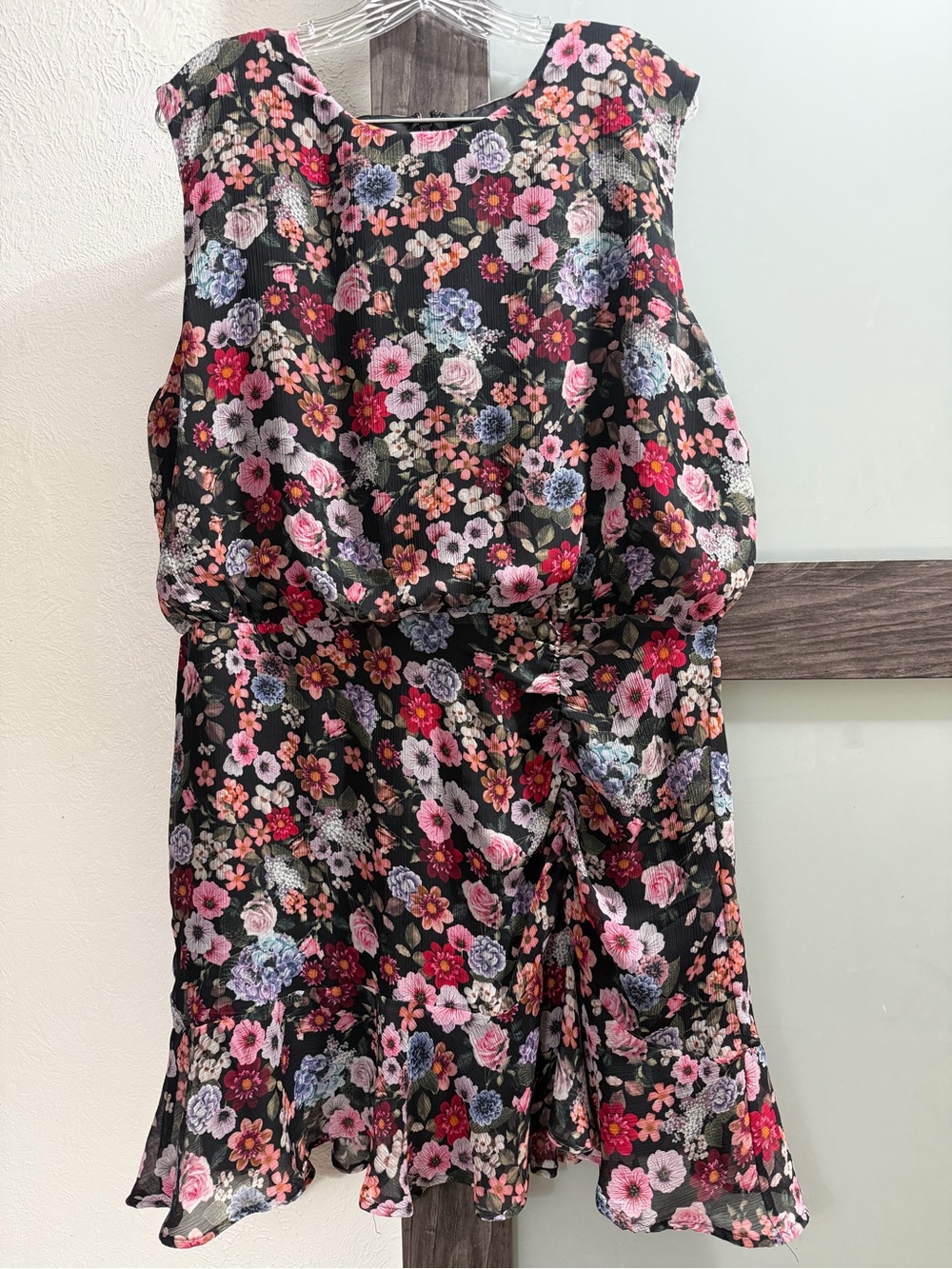 Express Black Floral Sleeveless Dress with Pink and Purple Blooms